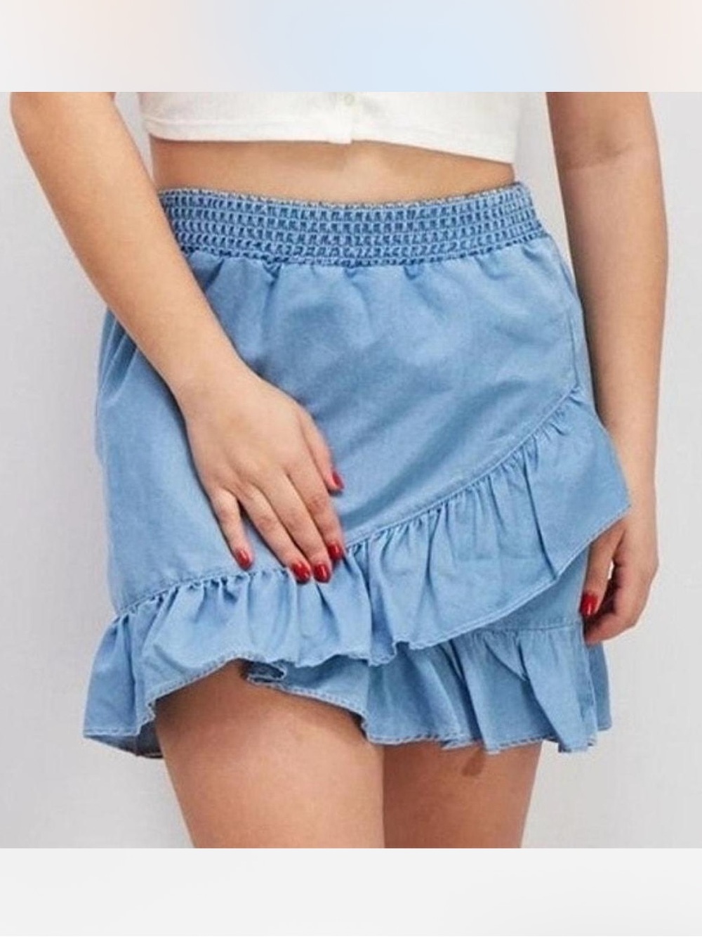 French Connection Chambray Smocked Waist Ruffle Mini Skirt Large